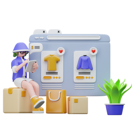 Girl doing online clothes shopping  3D Illustration
