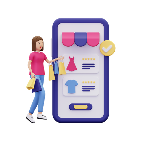 Girl doing online clothes shopping 3D Illustration