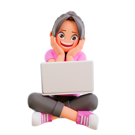 Girl doing online learning in laptop  3D Icon