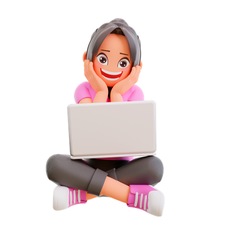 Girl doing online learning in laptop  3D Illustration