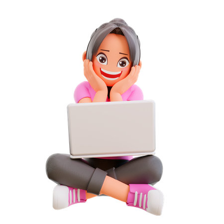 Girl doing online learning in laptop 3D Illustration