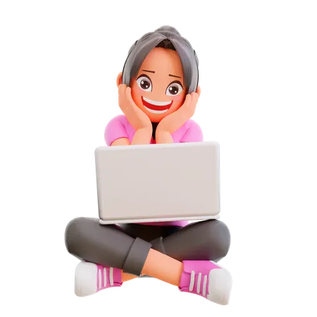 Girl doing online learning in laptop 3D Illustration