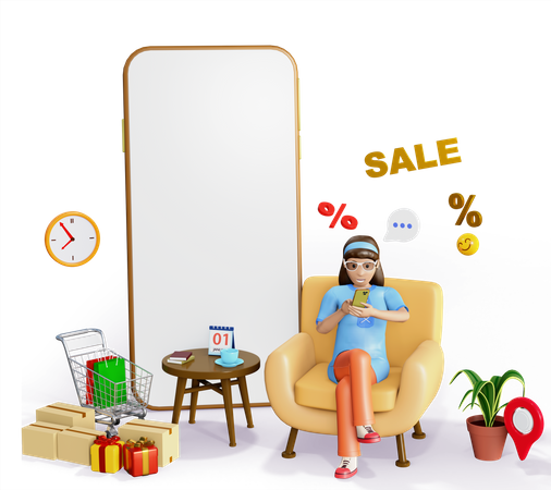 Girl doing online shopping  3D Illustration