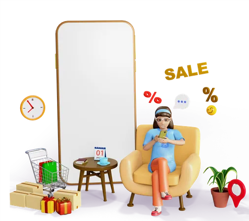 Girl doing online shopping  3D Illustration