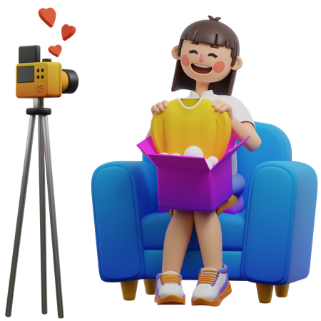 소녀가 제품 언박싱 라이브를 하고 있다  3D Illustration