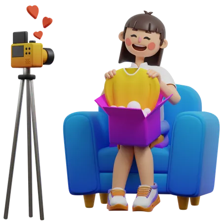 소녀가 제품 언박싱 라이브를 하고 있다  3D Illustration
