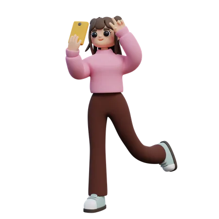 A Young Girl Takes A Selfie Using A Smartphone 3D Illustration
