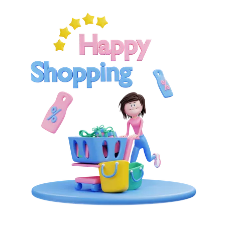 3 D Rendering Female Character Happy Shopping Illustration Object 3D Illustration