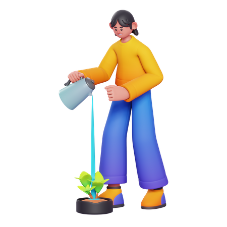 Girl doing watering to plant  3D Illustration