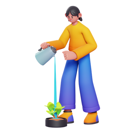 Girl doing watering to plant 3D Illustration