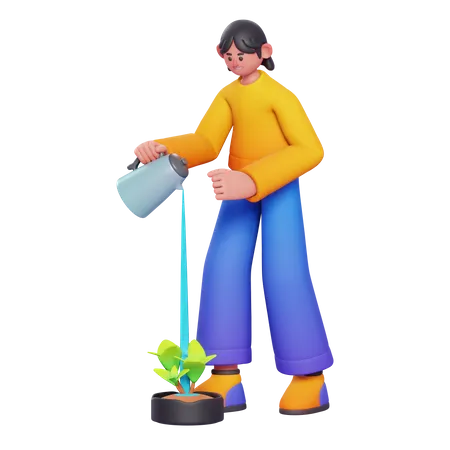 Girl doing watering to plant 3D Illustration