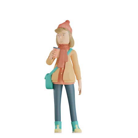 Girl Drink Cold Coffee  3D Illustration
