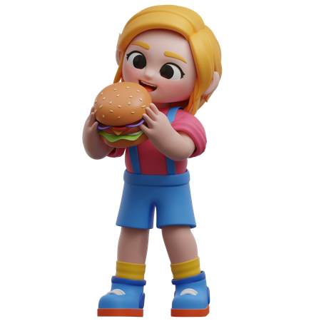 Girl Eating A Burger  3D Illustration