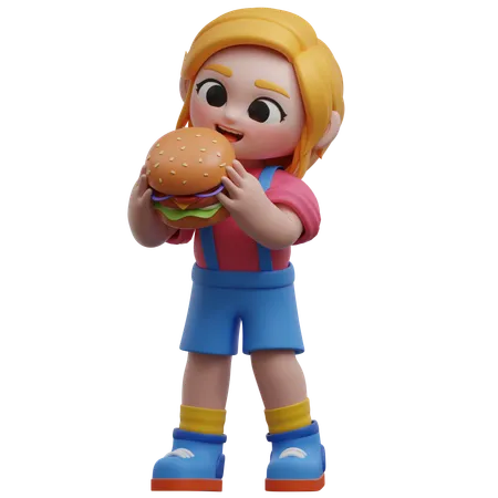 Girl Eating A Burger  3D Illustration