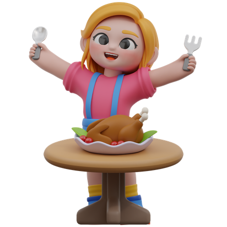 Girl Eating Roast Chicken  3D Illustration