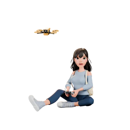 Girl Enjoying Drone Play  3D Illustration