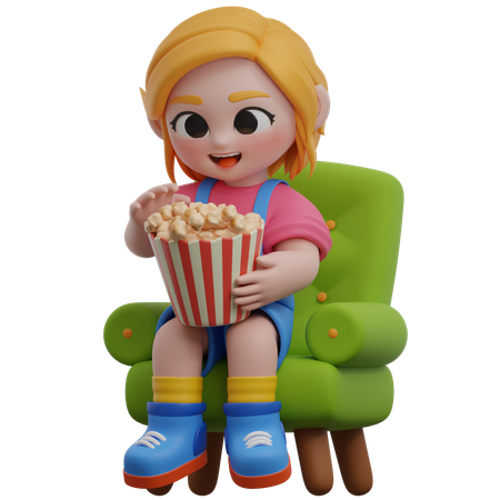 Girl Enjoying Popcorn On A Chair  3D Illustration