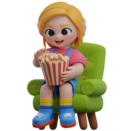 Girl Enjoying Popcorn On A Chair  3D Illustration