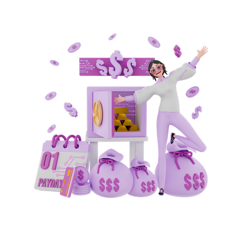 Girl excited with money  3D Illustration