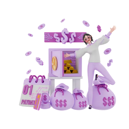 Girl excited with money  3D Illustration