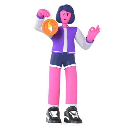 Girl finding direction using compass  3D Icon