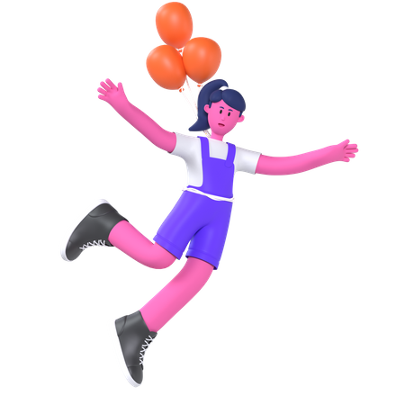 Girl Flying With Balloons  3D Illustration