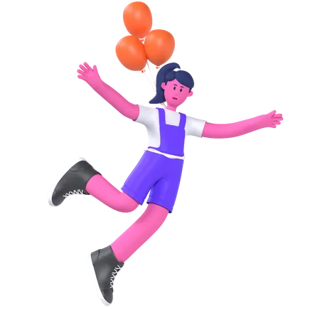 Girl Flying With Balloons  3D Illustration
