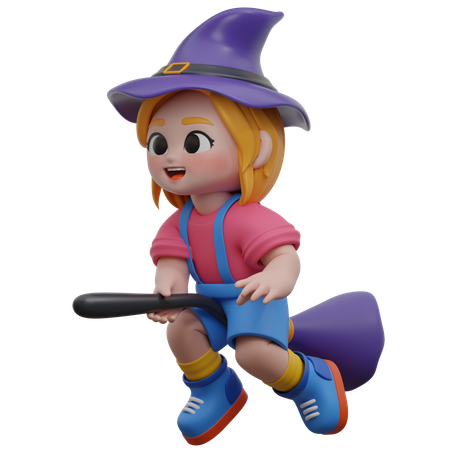 Girl Flying With Witch Broomstick  3D Illustration