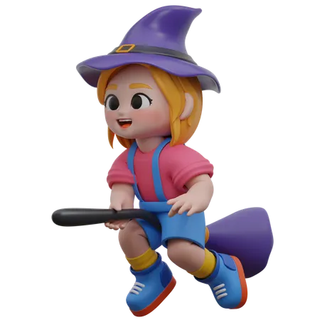 Girl Flying With Witch Broomstick  3D Illustration