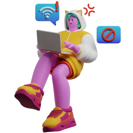 Girl Frustrated Due To Network Error 3D Illustration