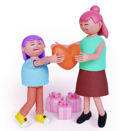 Girl giving heart to mother  3D Illustration