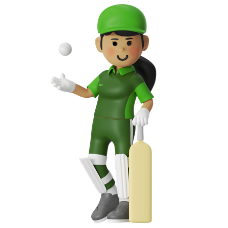 Girl Giving Steady Pose With Bat And Ball  3D Illustration