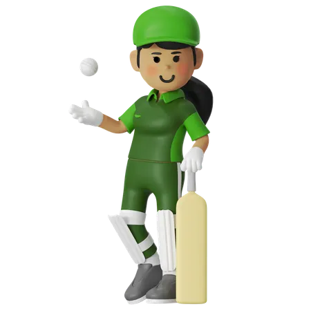 Girl Giving Steady Pose With Bat And Ball  3D Illustration