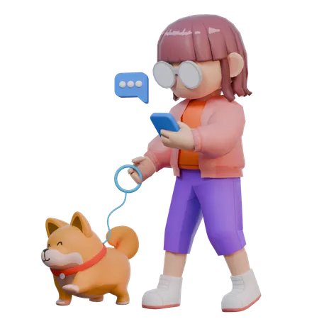 Girl Go For Walk With Dog  3D Illustration