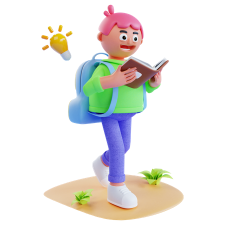 Girl going to school with reading book 3D Illustration