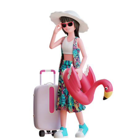 Girl Going to Travel On Beach With Duck Float  3D Illustration