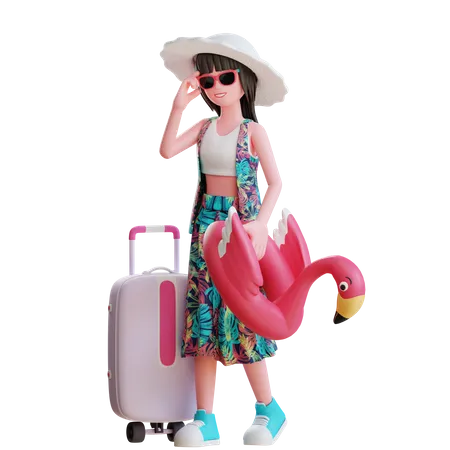 Girl Going to Travel On Beach With Duck Float  3D Illustration