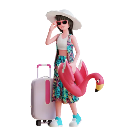 Girl Going to Travel On Beach With Duck Float 3D Illustration