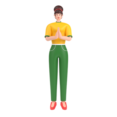 Girl greeting saying namaste with his hands  3D Icon