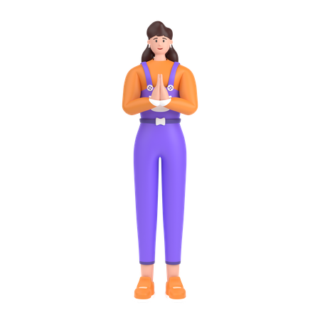 Girl greeting saying namaste with his hands  3D Icon