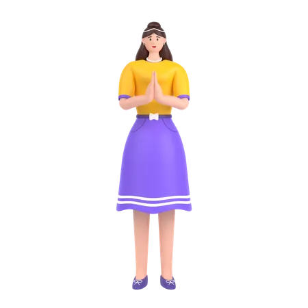 Girl greeting saying namaste with his hands  3D Illustration