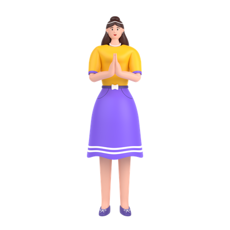 Girl greeting saying namaste with his hands  3D Illustration