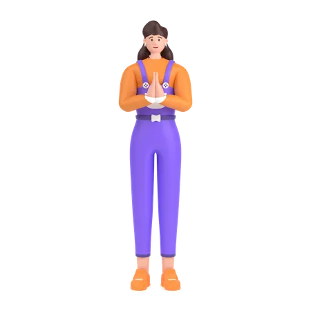 Girl greeting saying namaste with his hands 3D Illustration
