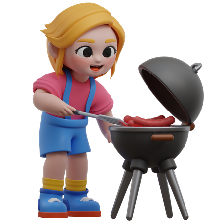 Girl Grilling Sausages  3D Illustration