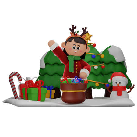 Girl Having Bag Of Gifts  3D Illustration