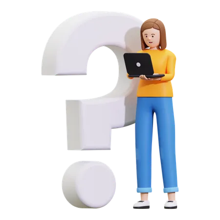 Girl Having Question While Holding Laptop  3D Illustration