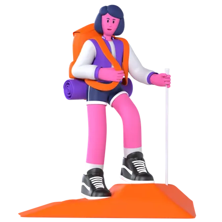 Girl hiking using stick  3D Illustration