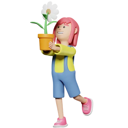 Girl hold  a pot of flower  3D Illustration