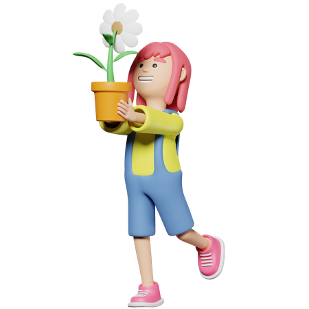 Girl hold  a pot of flower  3D Illustration