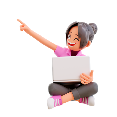 Girl hold laptop and pointing up  3D Icon